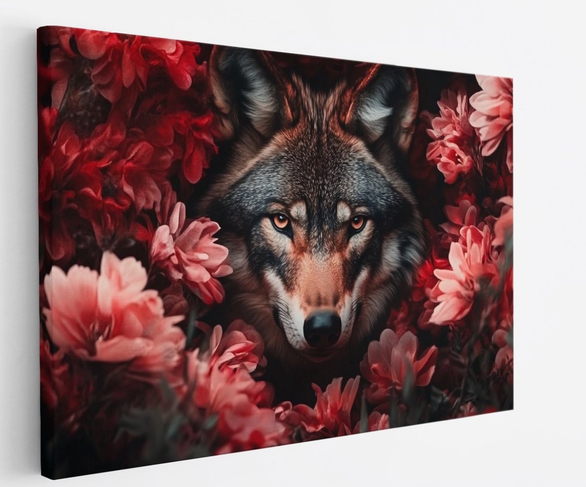Saammp Canvas Schilderij - Wolf tussen de rode bloemen - Abstract - Dieren - Natuur - 150x100 - Foto op canvas - Wanddecoratie - muurdecoratie Woonkamer - Slaapkamer decoratie - Canvas Print Multicolor