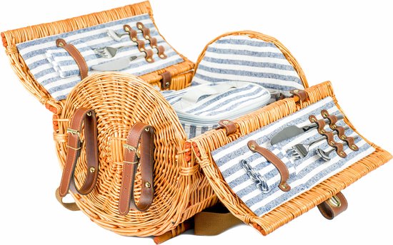 Panier de pique-nique rond en osier fait main marron - Services de table et couverture pour 2 personnes