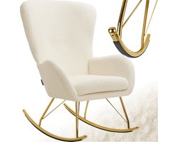 tectake® Swing Schommelstoel – Gestoffeerde Bouclé Fauteuil met Stalen Glijders en Extra Dik Zitkussen – Scandinavisch Design, Onderhoudsvriendelijk en Ergonomisch – creme/goud