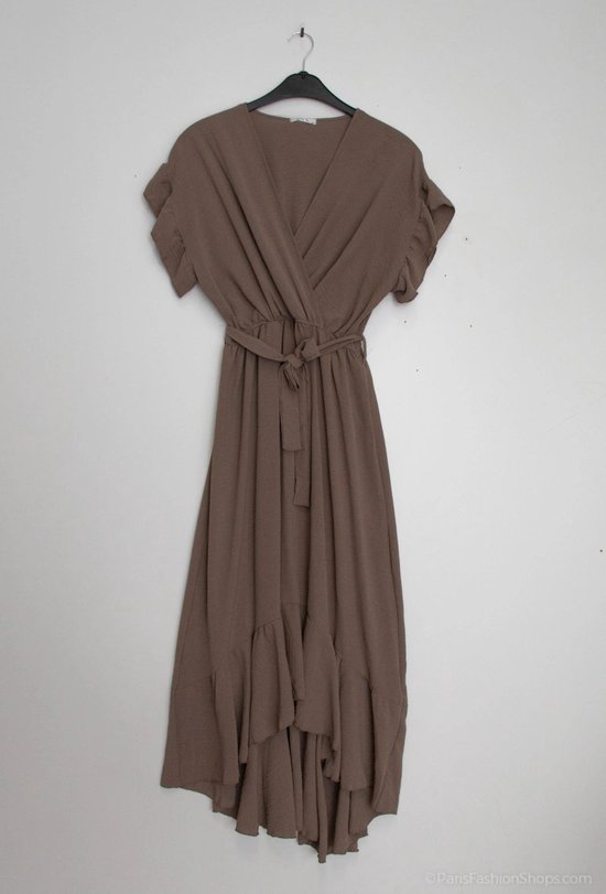 Asymetrische dames wikkel jurk Evie effen taupe Maat S plain wrap dress strandjurk