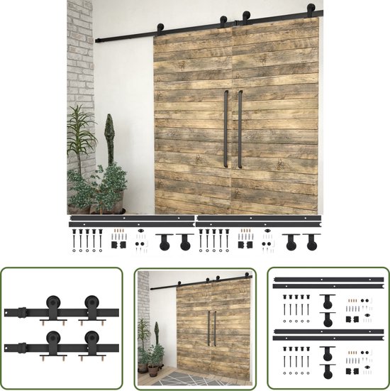 vidaXL Schuifdeur Systeem - Schuifdeur Hardware - Hardwaresets voor schuifdeuren 2 st 200 cm staal zwart - Schuifdeur Rail - Zwarte Schuifdeur - Staal Schuifdeur