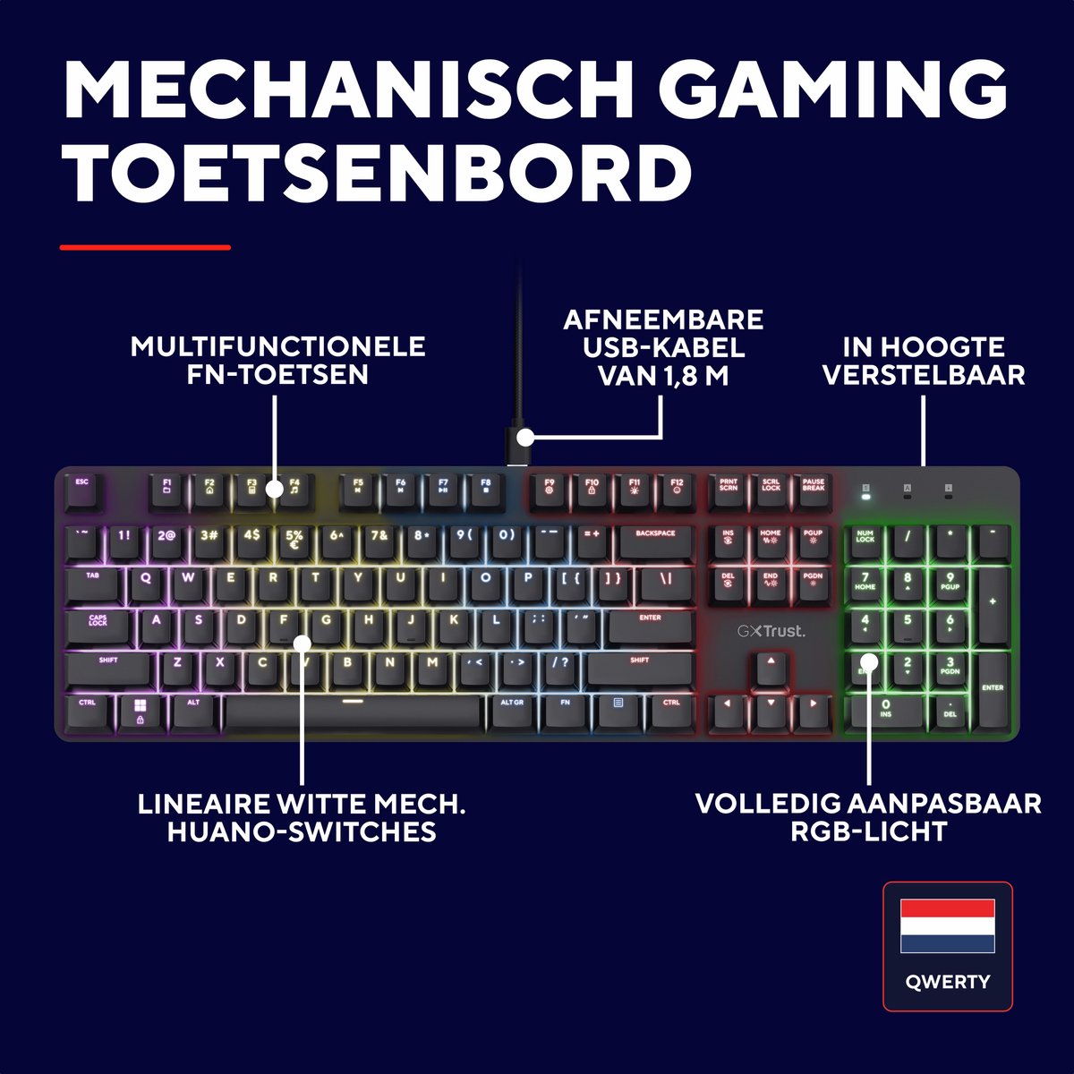 Trust GXT 871 Zora - Gaming Toetsenbord - Mechanisch met Lineaire Huano Switches - Full-size - RGB - Bedraad - QWERTY US - Zwart thumbnail 4