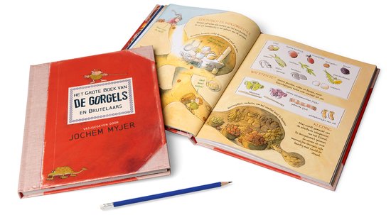 Twee gesloten boeken en één open boek met illustraties en tekst.