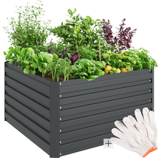 tectake® Jardinière surélevée Blomma - Jardinière d'extérieur rectangulaire - Gants de travail inclus - Acier galvanisé - Stable et résistant aux intempéries - 100 x 100 x 56 cm - Jardinière pour herbes, légumes et fleurs - Anthracite