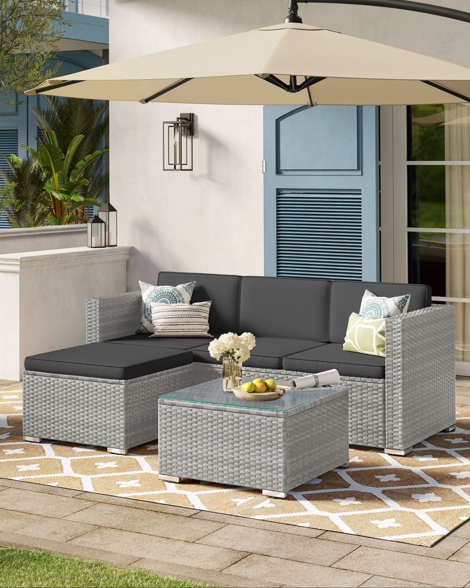 4-delige grijze PE-polyrotan bankstel - tuinmeubilair - terrasset - VFT-vulling - gepoedercoat staal - gehard glas - 173 cm x 60 cm x 66 cm