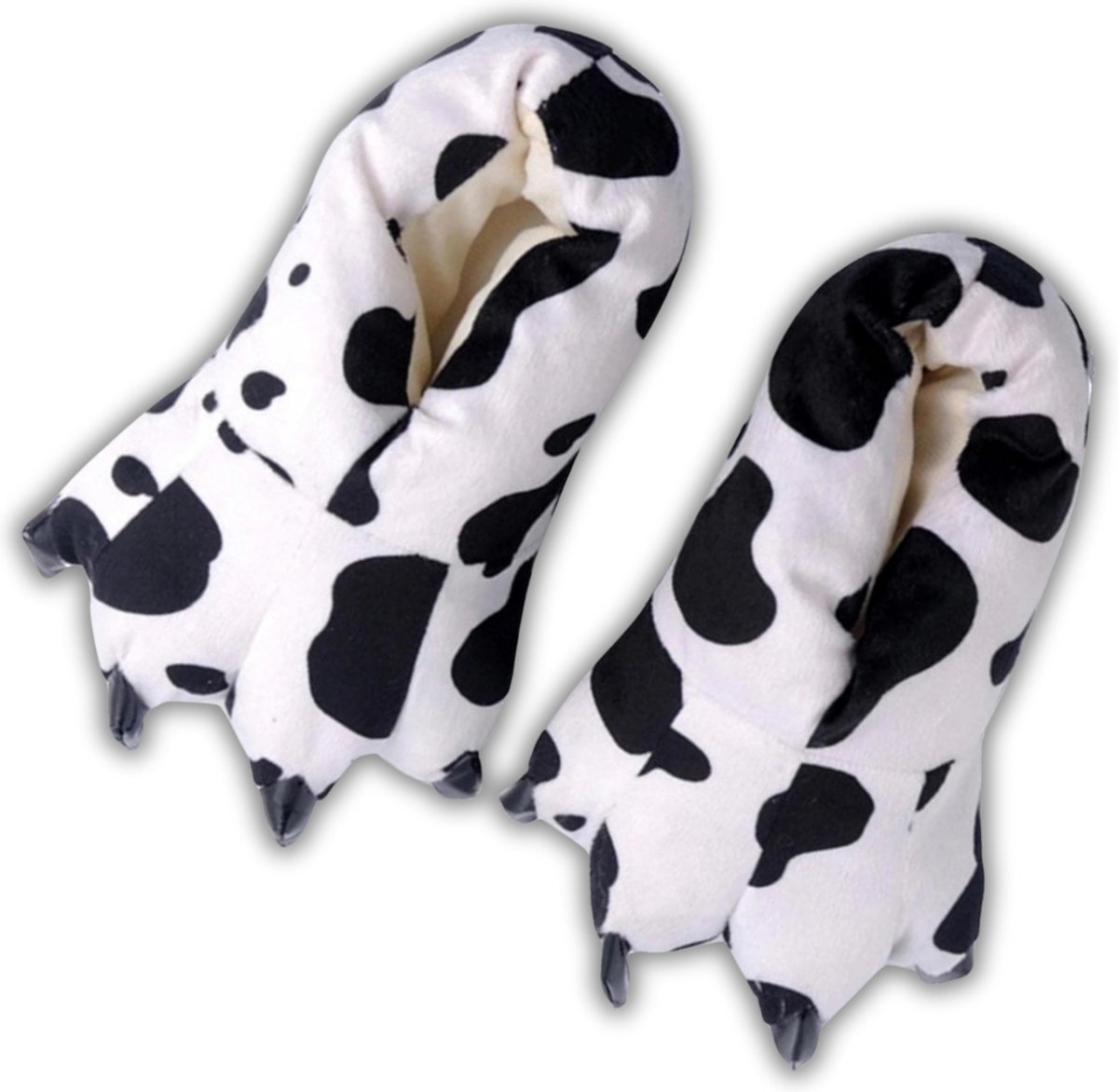 BoefieBoef Dinopoten Koe – Dierensloffen - Warme Pantoffels met Antislip Zool (Maat 23-30) - Peuter & Kleuter Sloffen voor Kinderen 2-6 Jaar – Klauwpoten – Flanel & Katoen – Gripzool – Jongens & Meisjes – Verjaardagscadeau - zwart wit