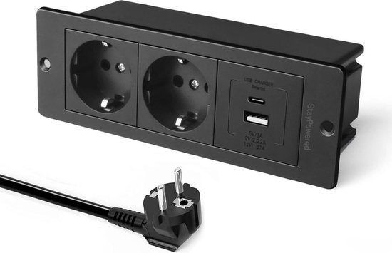 StayPowered Tafelcontactdoos - Supersnel Opladen met PD20W USB-C - 2 Stopcontacten - Veilig en Vlamvertragend - Eenvoudige Installatie - Ruimtebesparend Design - Ideaal voor Bureau en Keuken - Zwart - Levering Sneller dan Aangegeven!