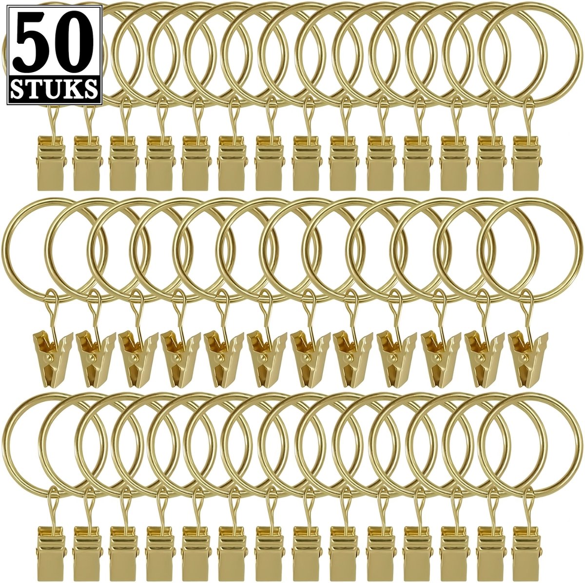 50 Stuks Metaal Gordijnhaken met Klemmen en Ringen - Metalen Gordijn Ringen, Haken- Douchegordijn Ophanghaken met Klem - Gordijnen Haakjes - Curtain Glijder Hooks - Gordijnhangers Clips - Douchegordijnringen Runners voor u rail - Gordijnringen - Goud