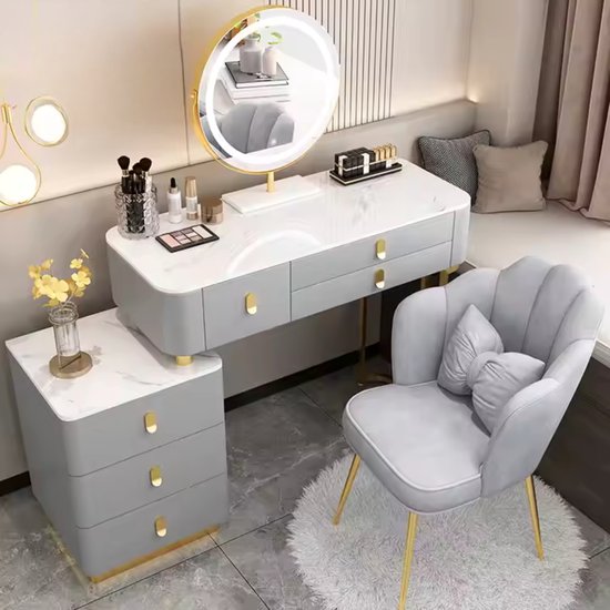 Toilettafel  Incl. Kaptafel  Met Spiegel En LED-verlichting, Met 3 Laden Wit