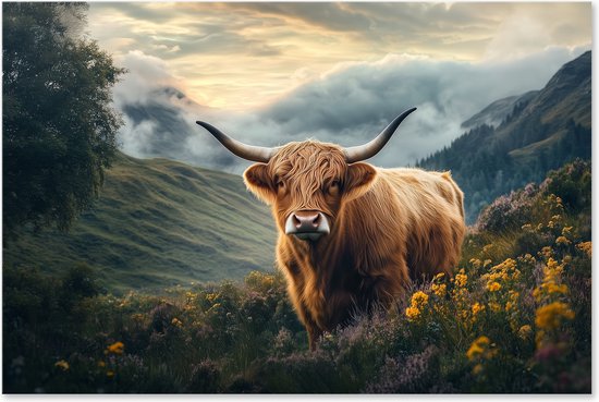 Graphic Message - Peinture sur Toile - Highlander Écossais Vert - Paysage Nature - Salon - Vache - Taureau - Décoration murale