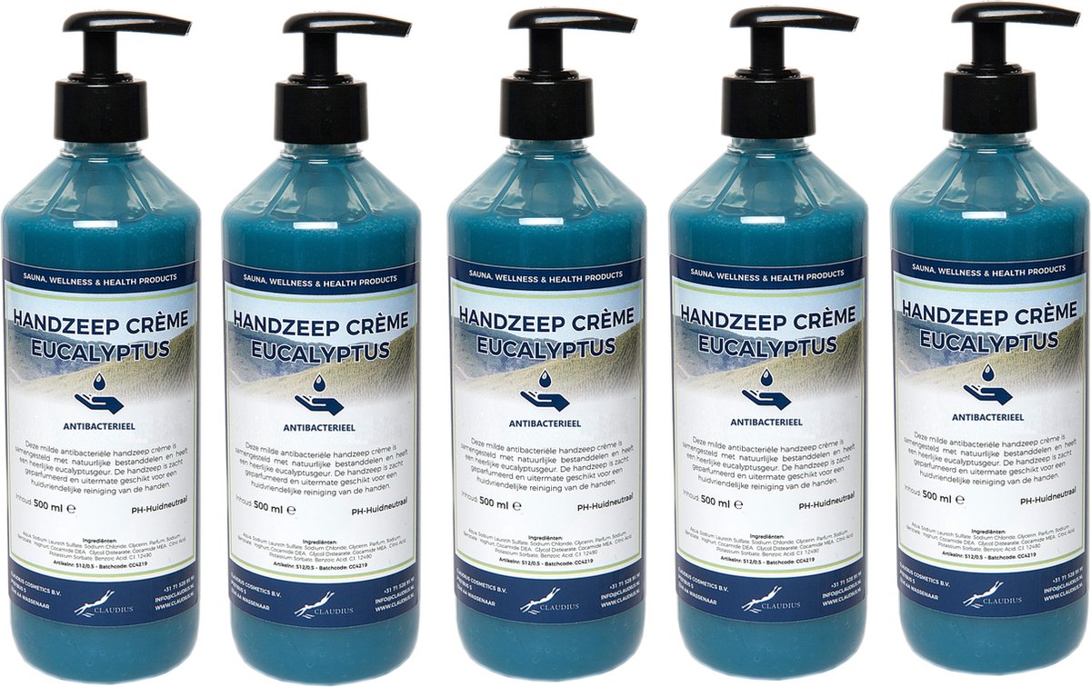 Handzeep Crème Eucalyptus 500 ml - met gratis pompje - set van 5 stuks - Voordeelverpakking