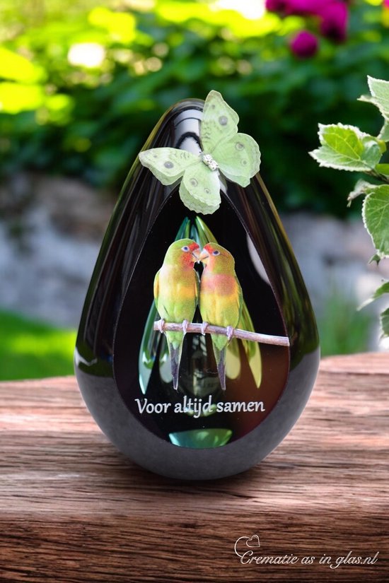 Urn-Glas-Crematie-as-mens-inhoud60ml-Diamond-Groen-Vogeltjes-Vlinder