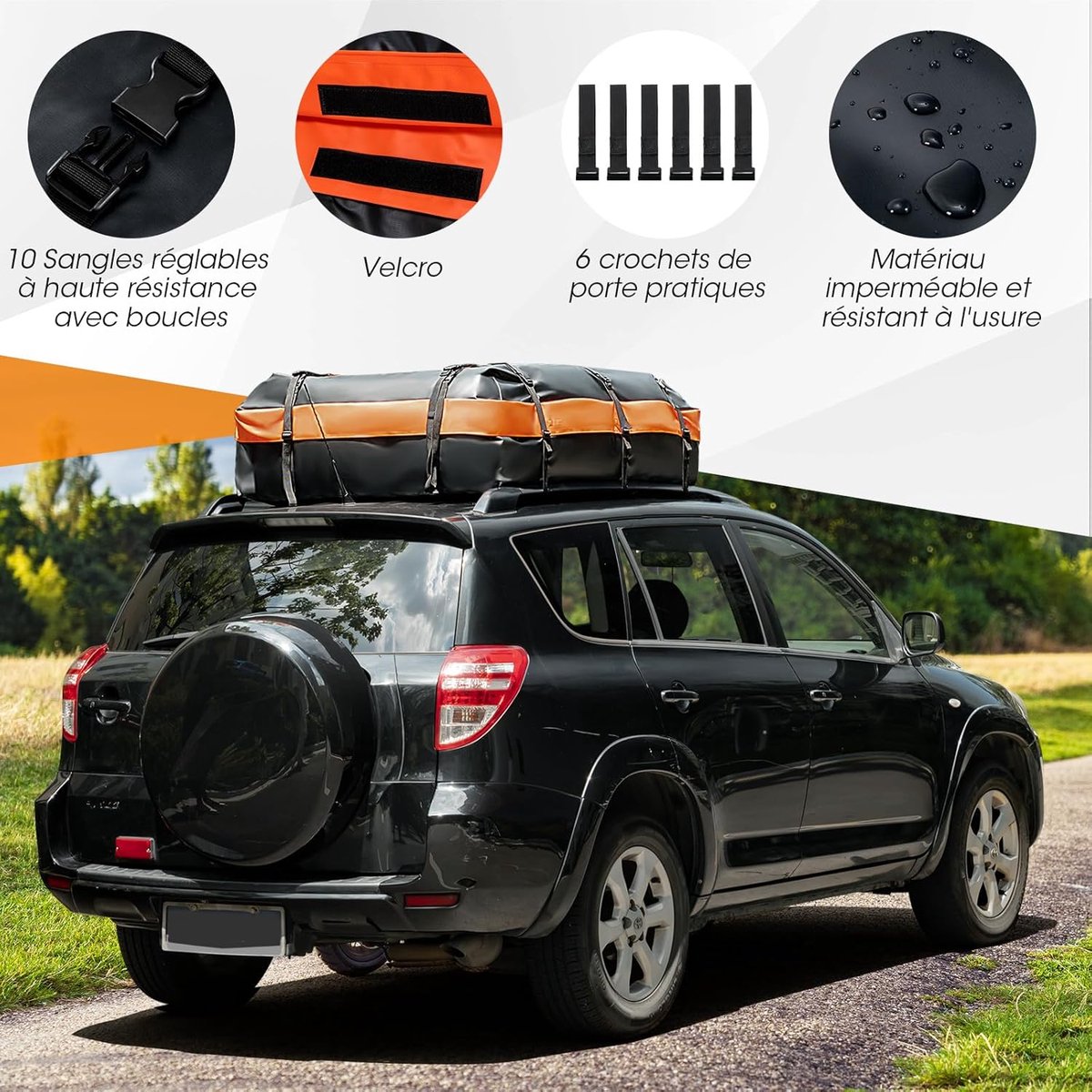 COSTWAY Dakkoffer voor de auto, waterdicht, 600 l, met 10 riemen en 6 haken, daktas met antislipmat, opbergtas voor alle voertuigen met/zonder bagagedrager, zwart + oranje – foto 4
