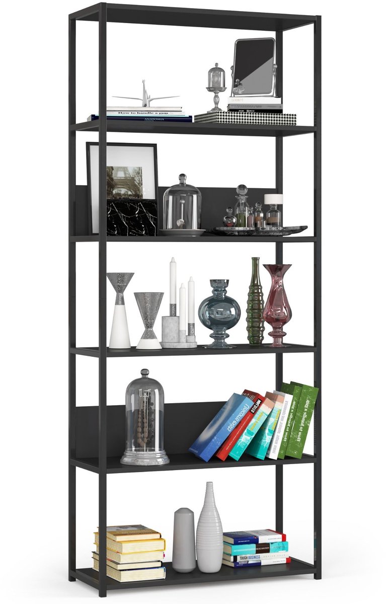 Open Boekenkast, Ladderkast, Industrieel Design / Vakkenkast met 6 Planken / Opbergplank / Boekenrek Opslagrek / Zwart / 80 x 192 x 32 cm