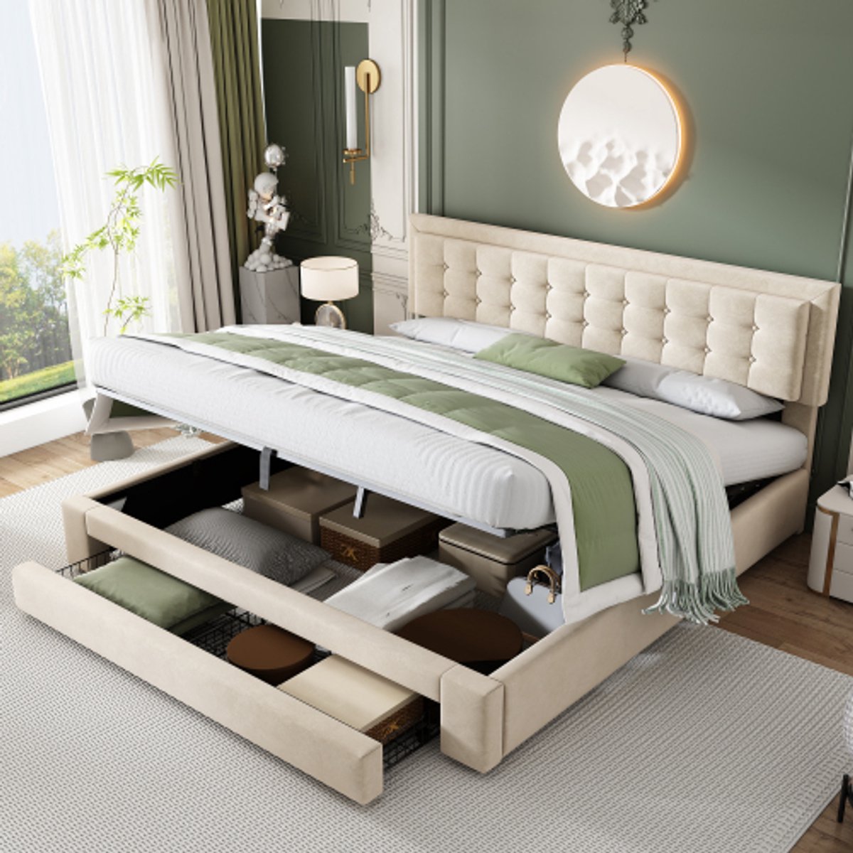Bed met box en laden, fluwelen stof, gestoffeerd bed, lattenbodem, tweepersoonsbed, grote opbergruimte, 180 x 200, beige