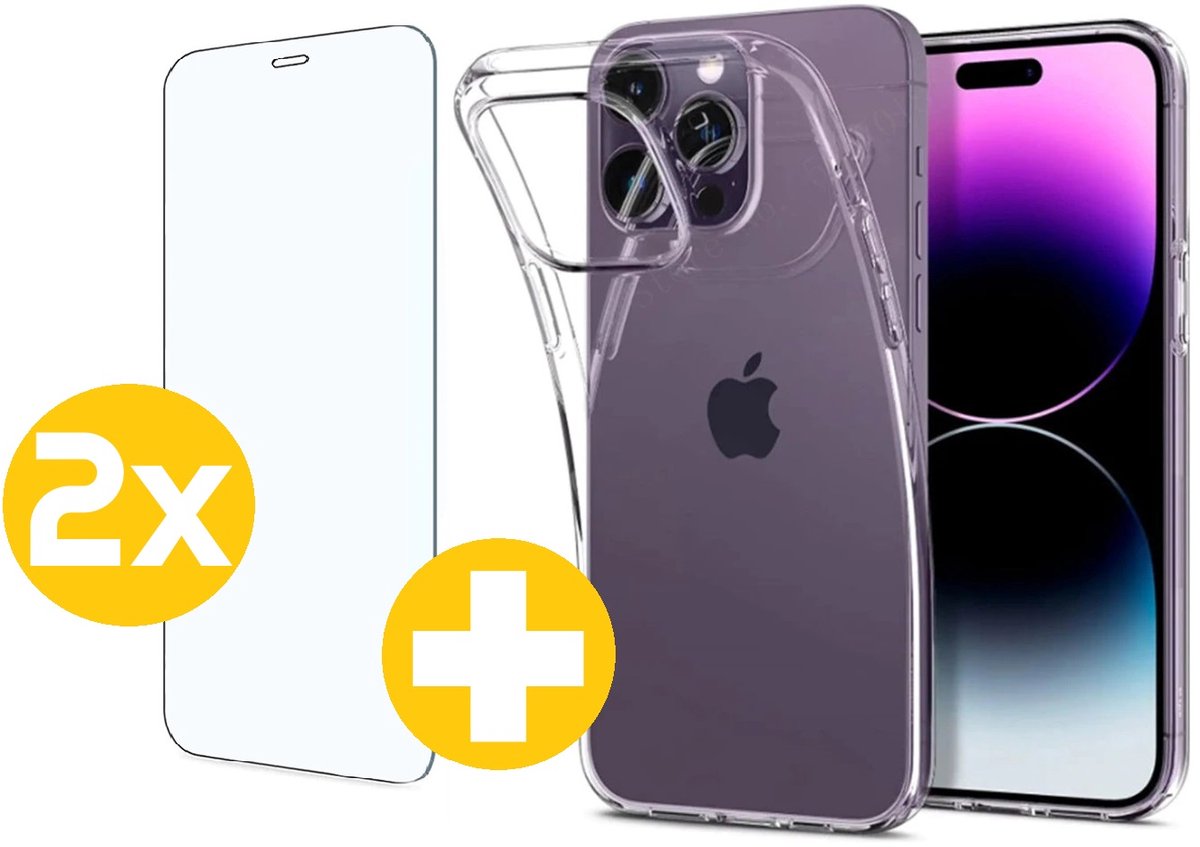 Hoesje en Screenprotector Combi Geschikt Voor iPhone 14 Pro - Transparant Hoesje + 2x Screenprotector