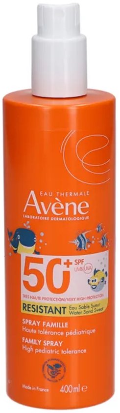 Avène Resistant Familie Spray SPF 50+ in oranje fles met witte dop. Beschermend met kinderanimatie.