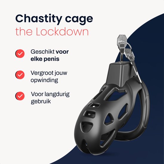 Zwarte kuisheidskooi 'the Lockdown' met slot en sleutels, geschikt voor elke penis en voor langdurig gebruik.