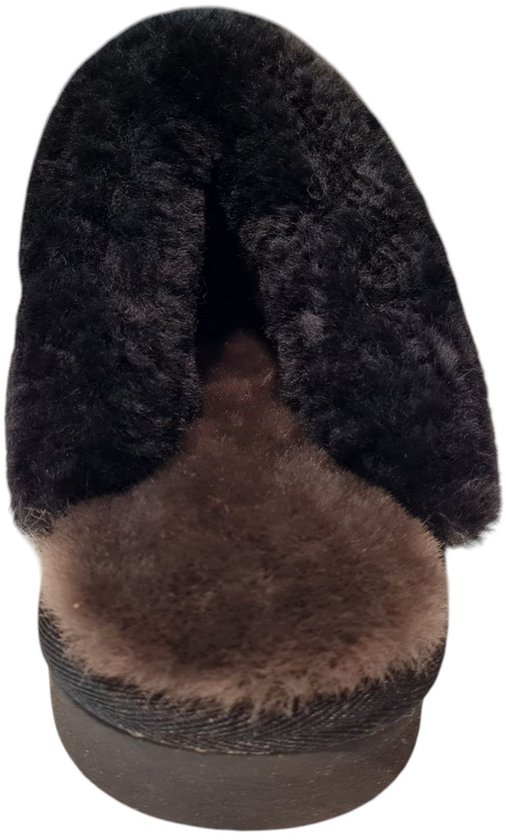 Zwarte slipper met bruine voering en zwarte bontrand
