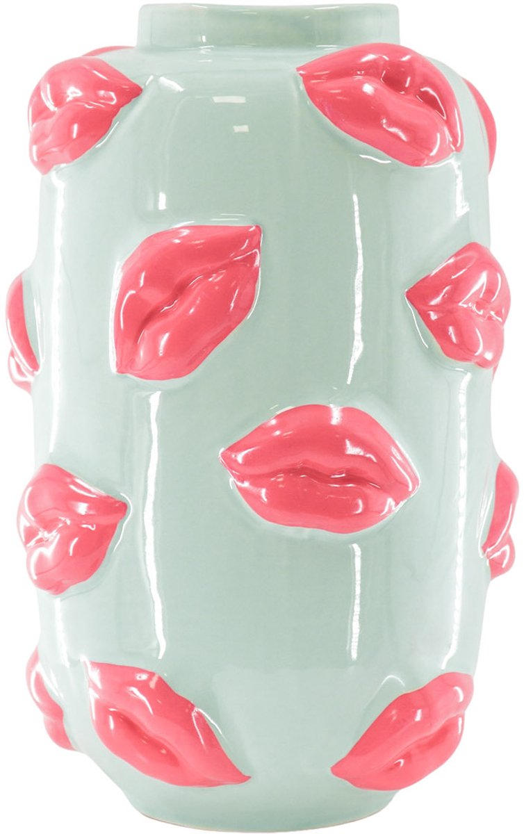 Housevitamin Vaas – Bloemenvaas Lippen – Mintgroen & Fluor Roze – 17x17x27 cm – Keramiek – Design Kusjes Vaas – Eyecatcher voor Interieur