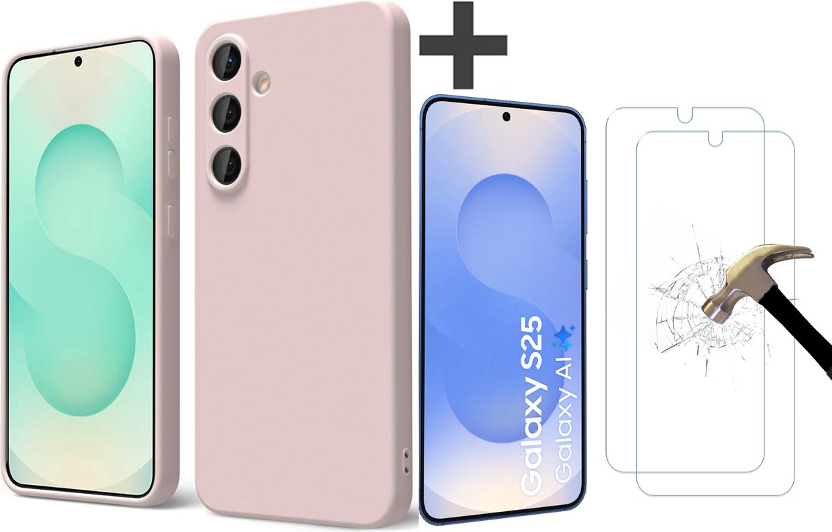 BixB hoesje met 2 Stuks screenprotectors van gehard glas geschikt voor Samsung Galaxy S25 hoesje zacht siliconen backcover - Pink Sand