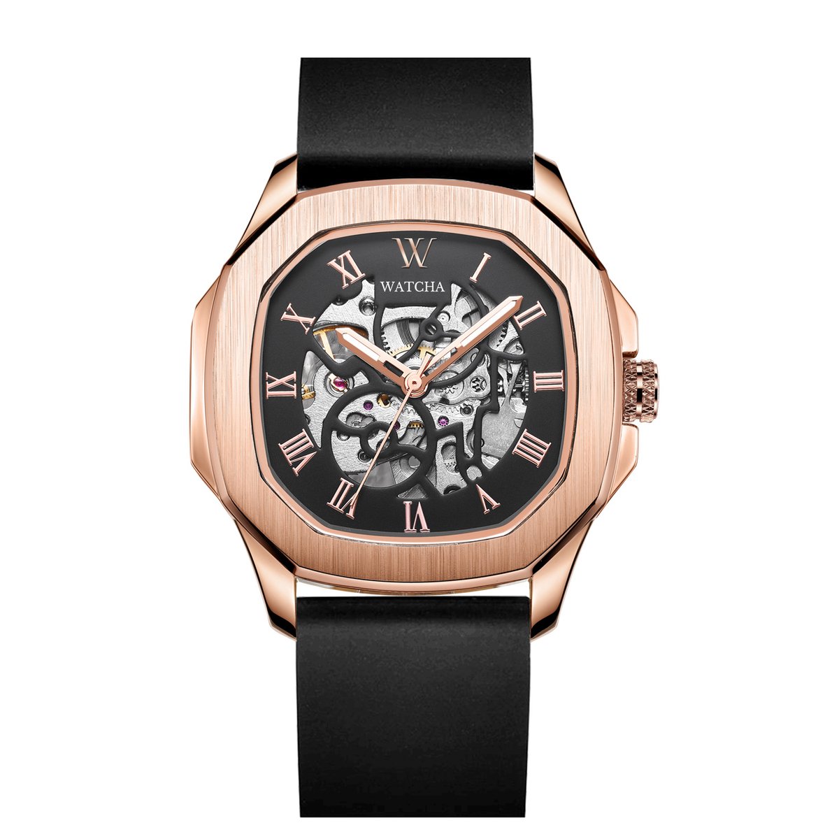 Watcha Skeleton - Unisex Horloge - Rosé Gold Aurum - 43mm - Vierkant