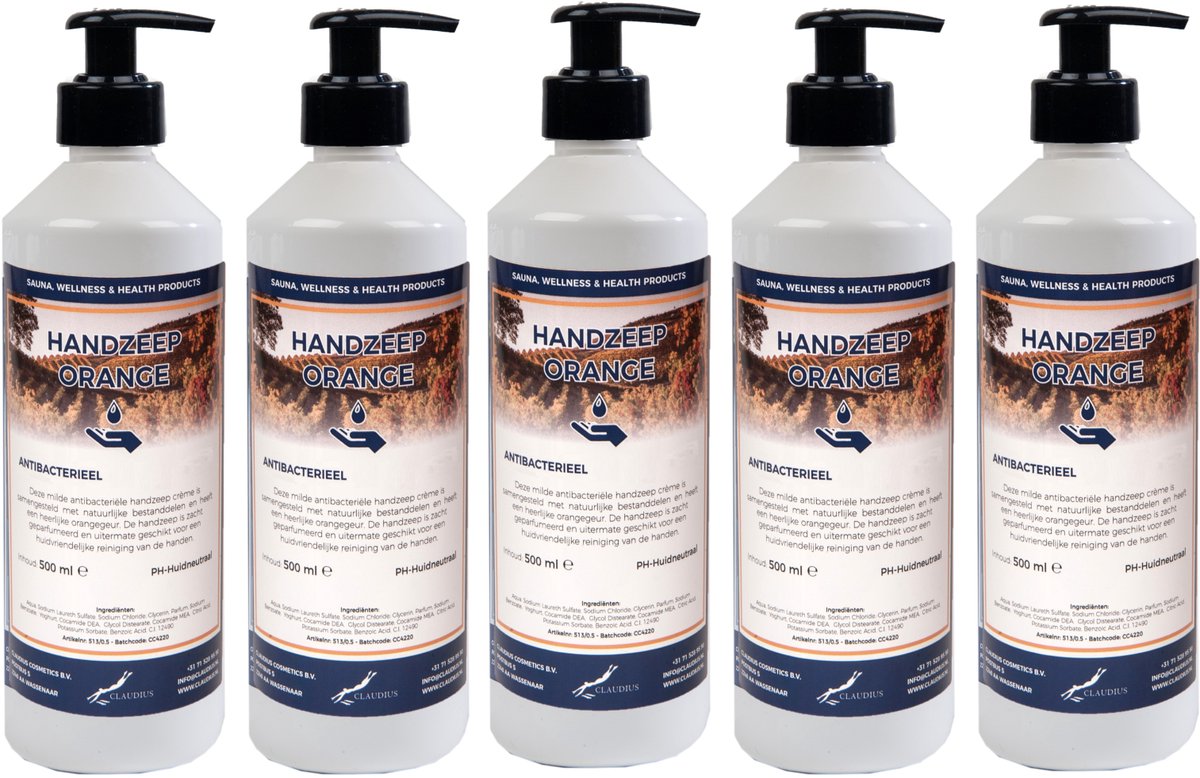 Handzeep Orange 500 ml - set van 5 stuks - met gratis pompje - Voordeelverpakking