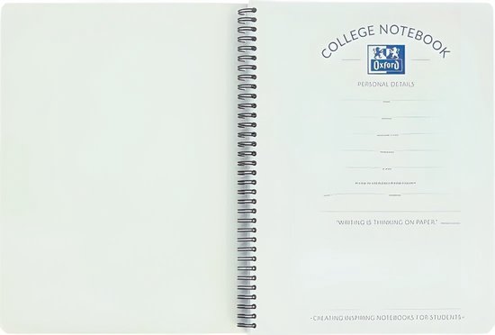 Bloc-notes Oxford ouvert avec section pour informations personnelles. Page de gauche vierge, page de droite lignée avec section pour informations et texte 'WAITING IS THINKING ON PAPER'.