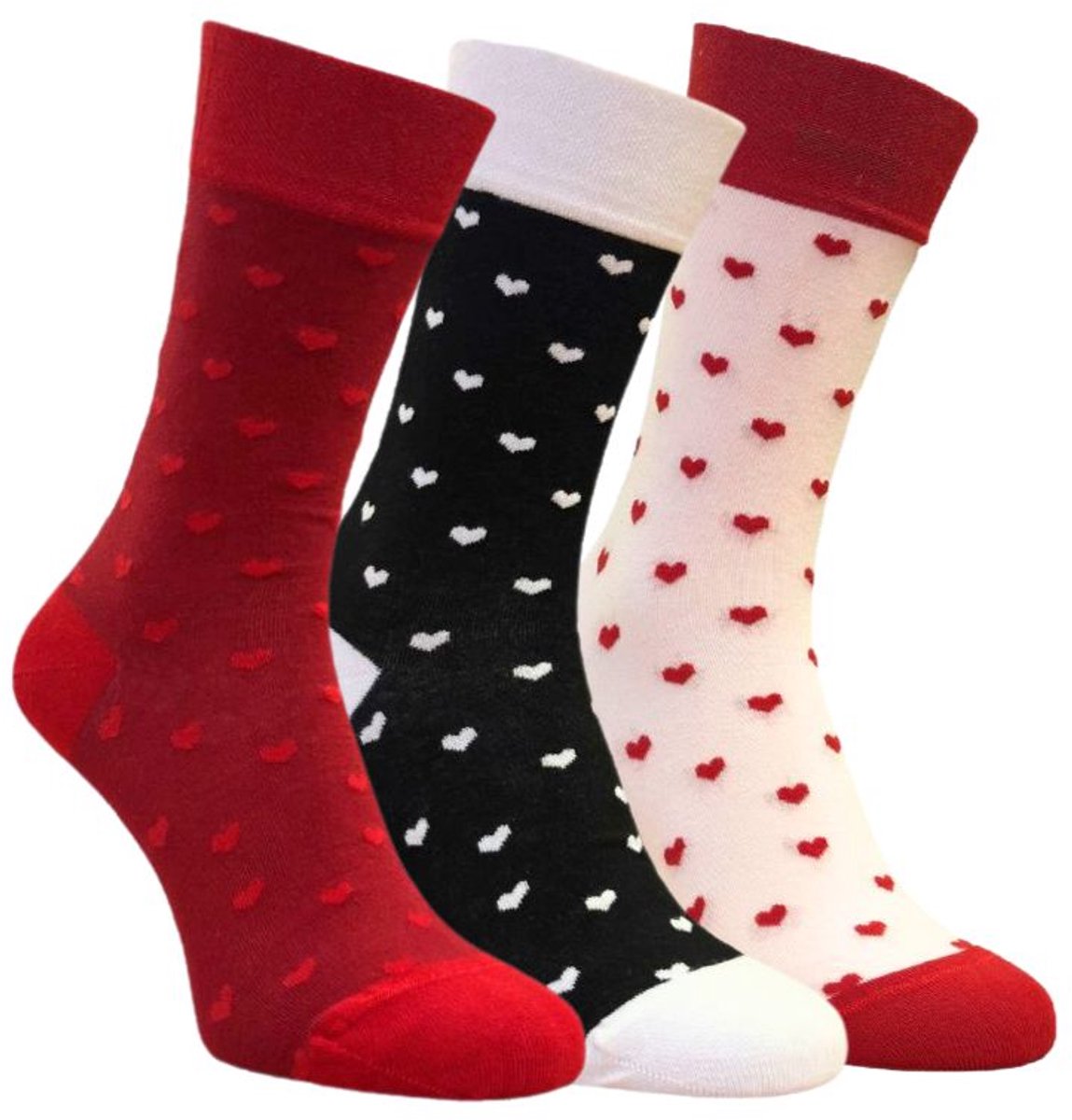 Sokken - Dames - Hartjes - 3 paar - Zwart - Roze - Rood - Gift - Valentine - Verjaardag - Maat 35-38