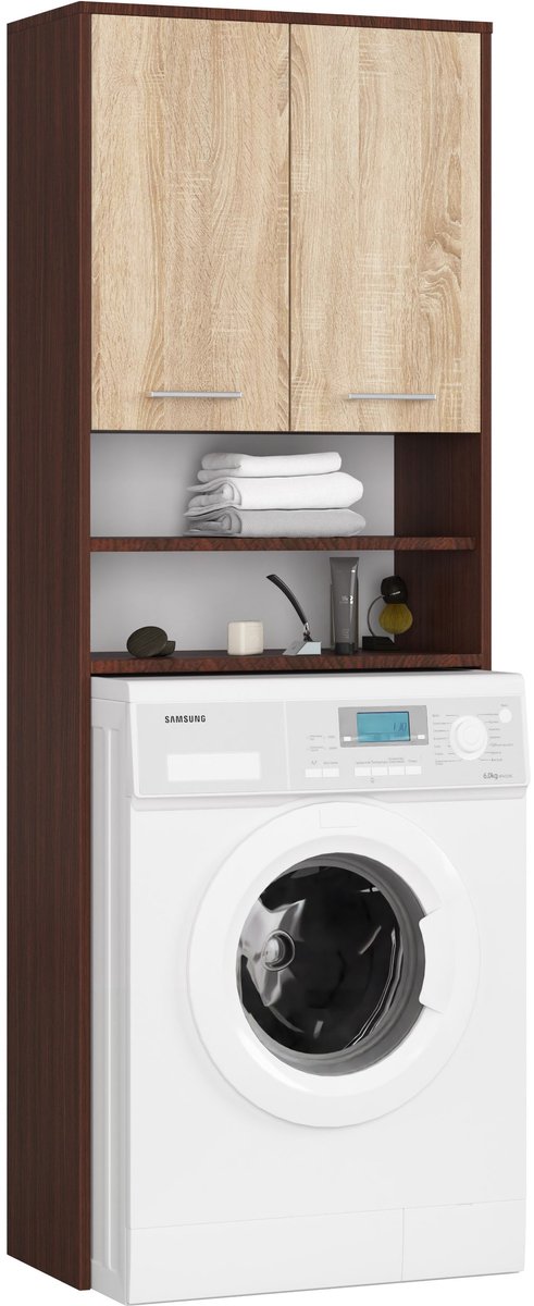 Badkamerkast voor Wasmachine FIN / Hoge Wasmachinekast met 2 Deuren / AKORD Furniture Factory / Venge - Sonoma Eik / 64 x 180 x 30 cm