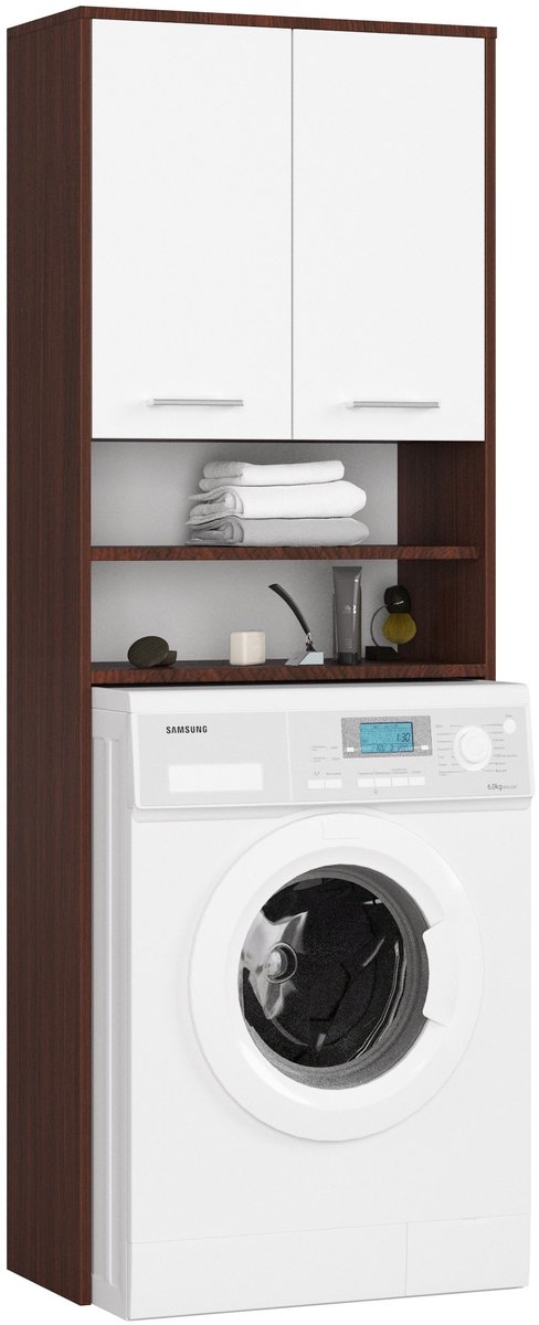Badkamerkast voor Wasmachine FIN / Hoge Wasmachinekast met 2 Deuren / AKORD Furniture Factory / Venge - Wit / 64 x 180 x 30 cm