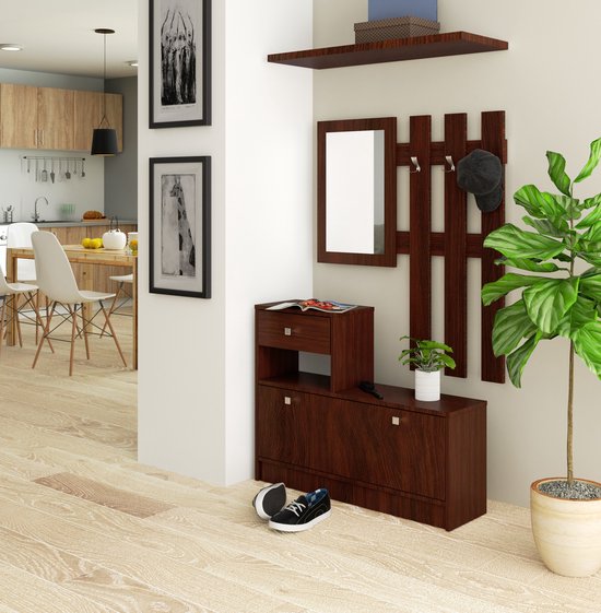 Ensemble de meubles muraux pour le hall, Design Classique , Couleur wengé, Miroir inclus, Deux éléments, 90x170x25 cm, Porte et tiroir, A monter soi-même, Max. 5 paires de Chaussures pour femmes, Perfect pour les entrées modernes