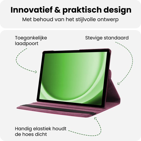 Paars tablethoesje met 360 graden draaibare standaard, toegankelijke poort en elastische sluiting.