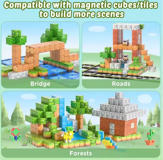 Voorbeelden van gebouwen: brug, wegen, bossen en huis, gemaakt met magnetische blokken.