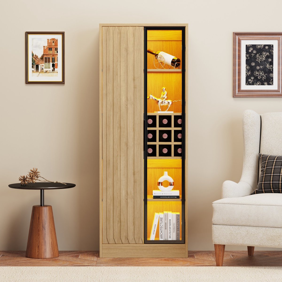 Sweiko Vitrinekast Badkamerkast Glazen deuren LED-verlichting MDF Natuurlijke