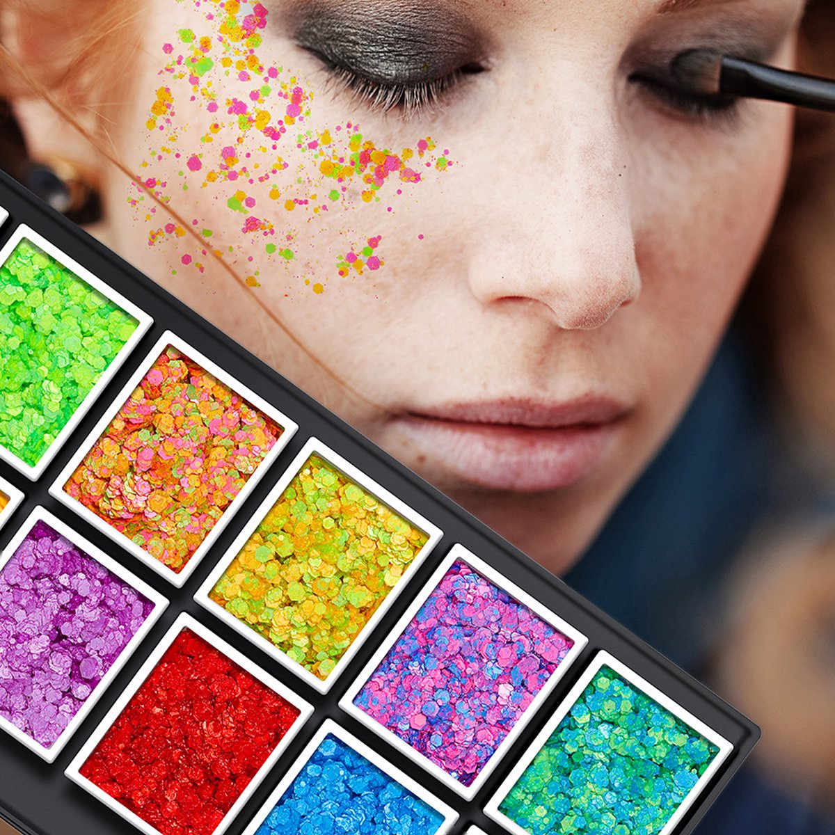 12 Kleuren Glitter Set – Chunky Festival Glitters voor Gezicht & Lichaam – Schmink-Glittergel Palet met Goud, Zilver, Groen, Roze, Rood – Voor Schmink, Kinderen & Feest — afbeelding 4