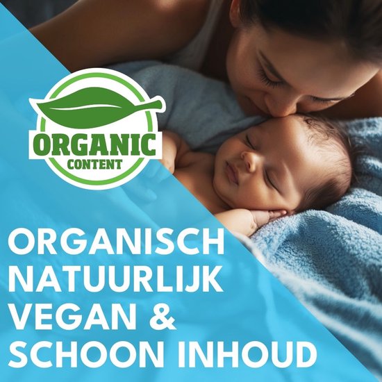 Moeder kust baby's voorhoofd, met 'Organic Content' logo en tekst 'Organisch natuurlijk vegan & schoon inhoud'.