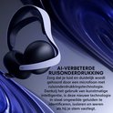 Zwarte gaming headset met witte hoofdband, met de tekst 'AI-VERBETTERDE RUISONDERDRUKKING'.