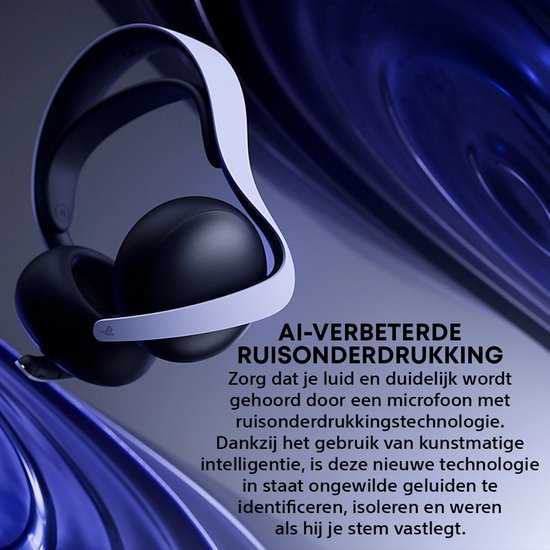 Zwarte gaming headset met witte hoofdband, met de tekst 'AI-VERBETTERDE RUISONDERDRUKKING'.