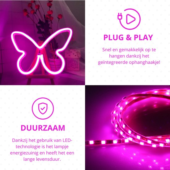 ZoeZo - Neon Wandlamp Vlinder - Roze - Butterfly - LED - Neon Verlichting - Sfeerverlichting - Led lamp - Neonlicht - Neon lamp