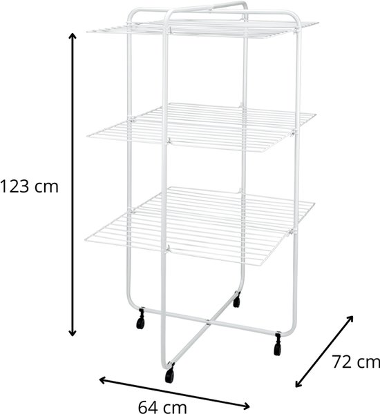 Witte droogtoren met drie niveaus, met afmetingen aangegeven: 123 cm hoog, 64 cm breed en 72 cm diep.