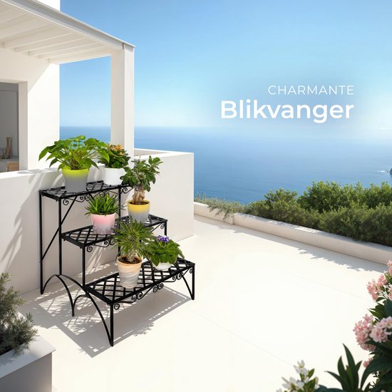 tectake® Plantentrap - 3 Treden - Weerbestendig Gepoedercoat Metaal - Tuindecoratie - Plantenstandaard voor Tuin, Balkon of Appartement - Max. Belastbaar tot 30 kg - Zwart