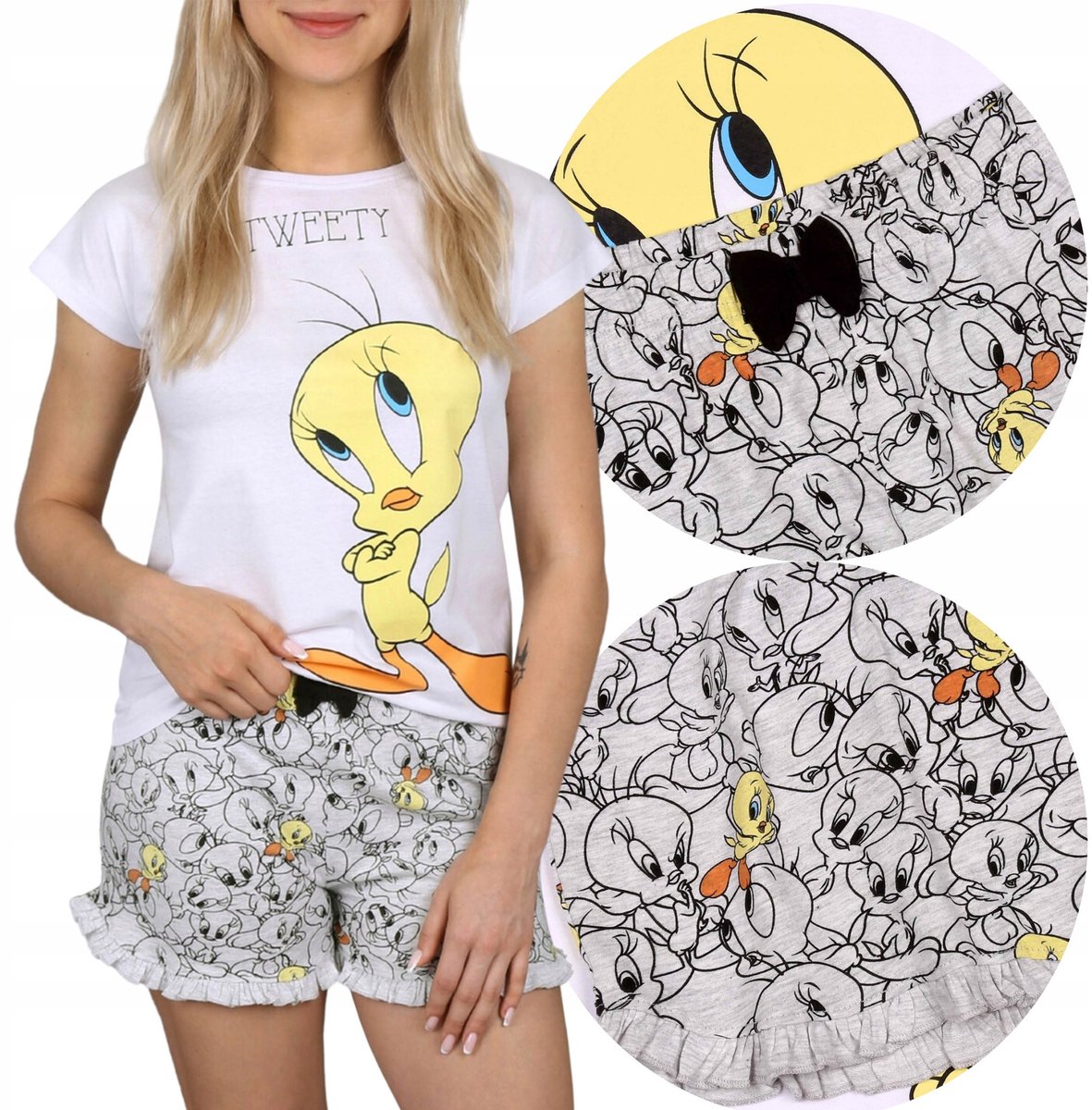 Looney Tunes Tweety - Witte en grijze meisjespyjama met korte mouwen, zomerpyjama / 140