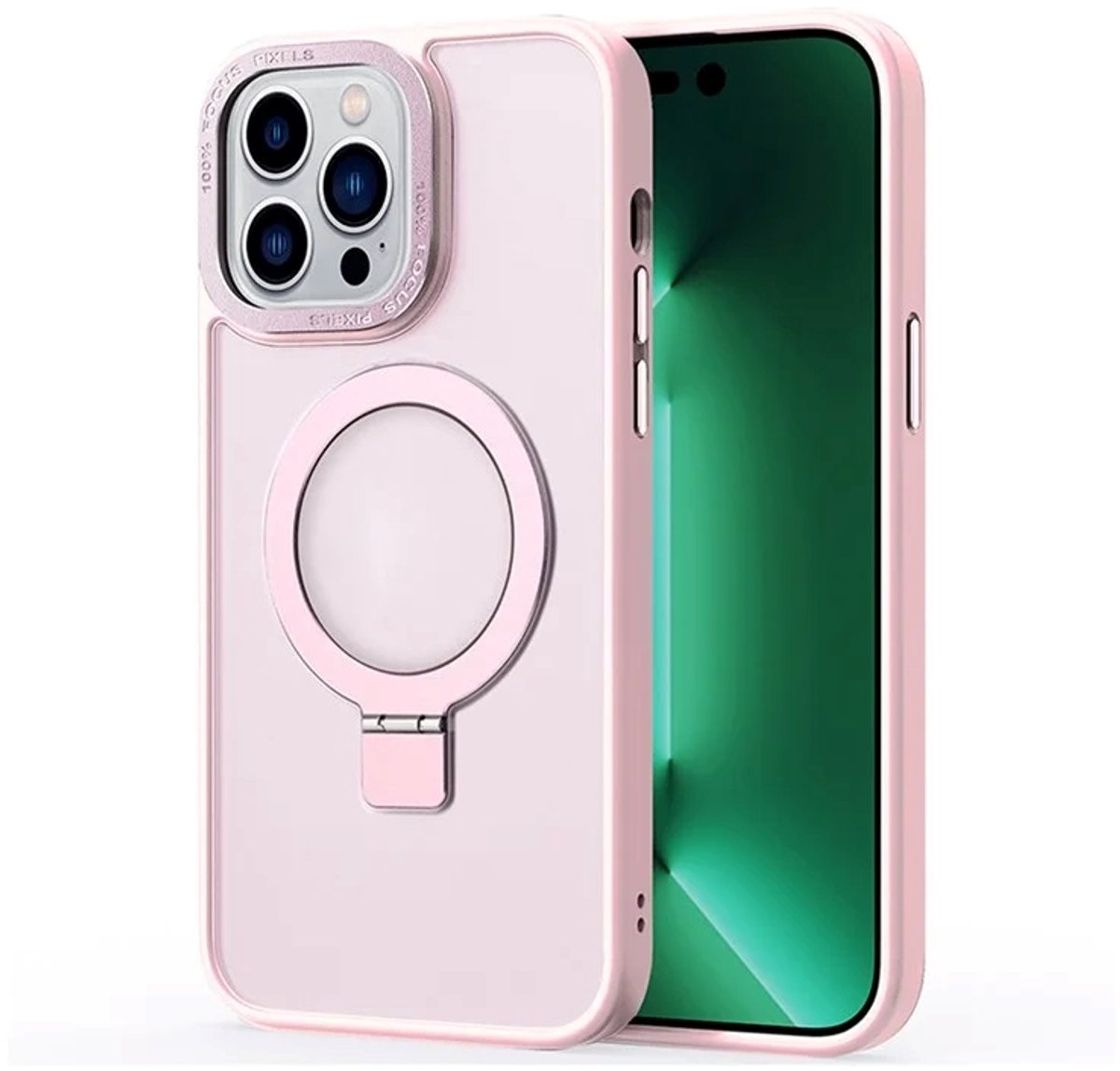 Cityhoesje - iPhone 15 Pro - Magnetic - Ring Holder Kickstand - Protective – Backcase - Roségoud