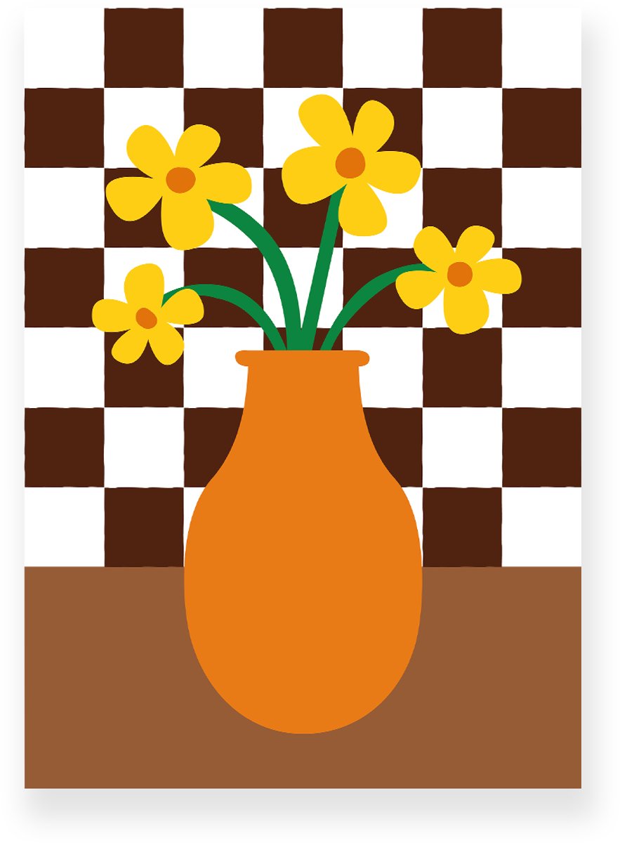 Yisual Poster 50x70 cm - Vaas met Bloemen - Geblokte Tegels - Bruin - Oranje - Vintage - Eclectisch - Muurdecoratie - Wanddecoratie