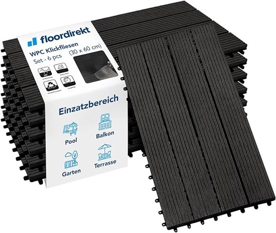 Floordirekt WPC-tegels, 30 x 30 cm, 1 m² = 11 terrastegels, kliktegels, balkontegels in houtlook - vloerbedekking voor balkon en terras - weerbestendig, met drainagefunctie | Mix Teak