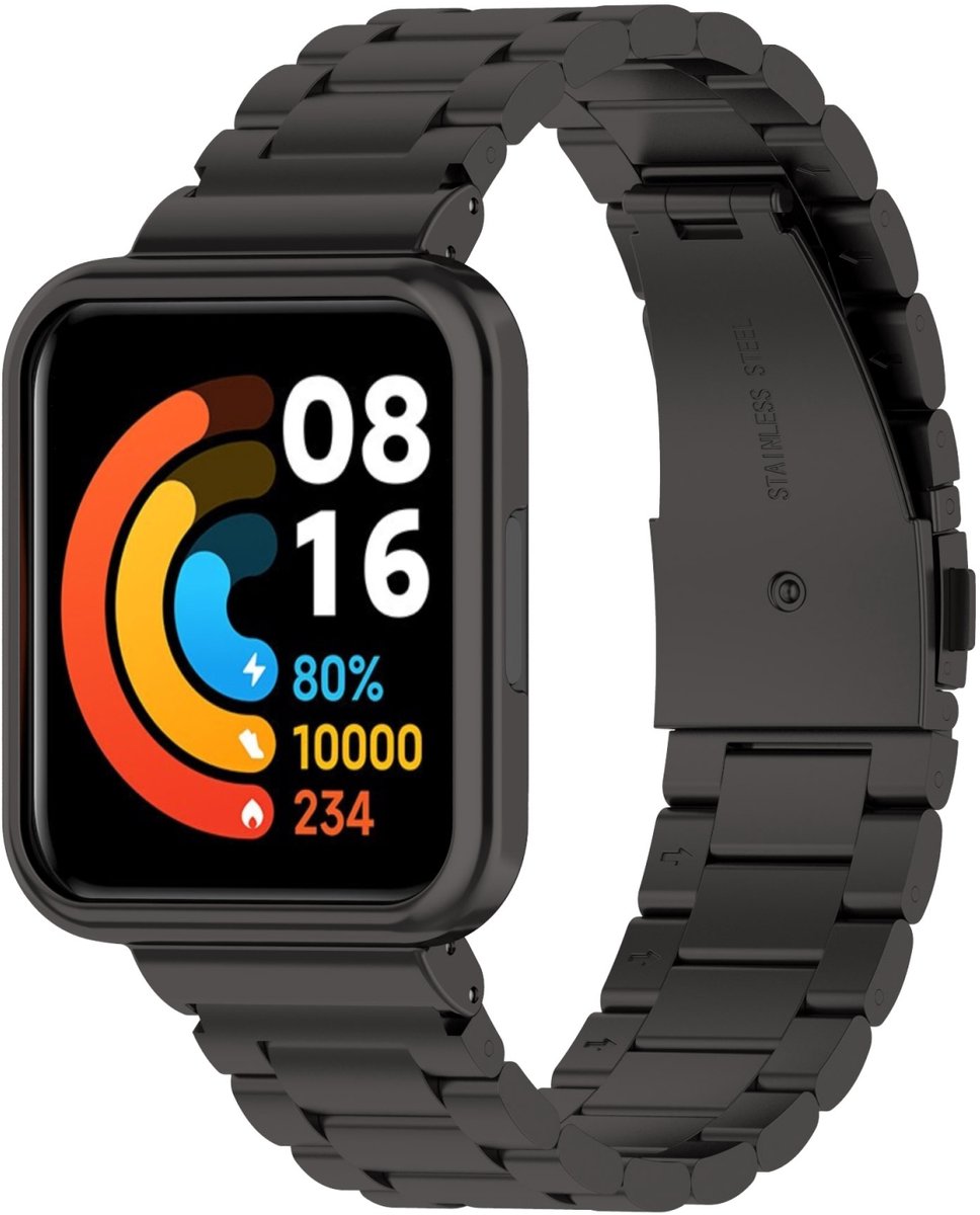 By Qubix - Stalen schakelband met case - Zwart - Geschikt voor Xiaomi Redmi Watch 2 (Lite)