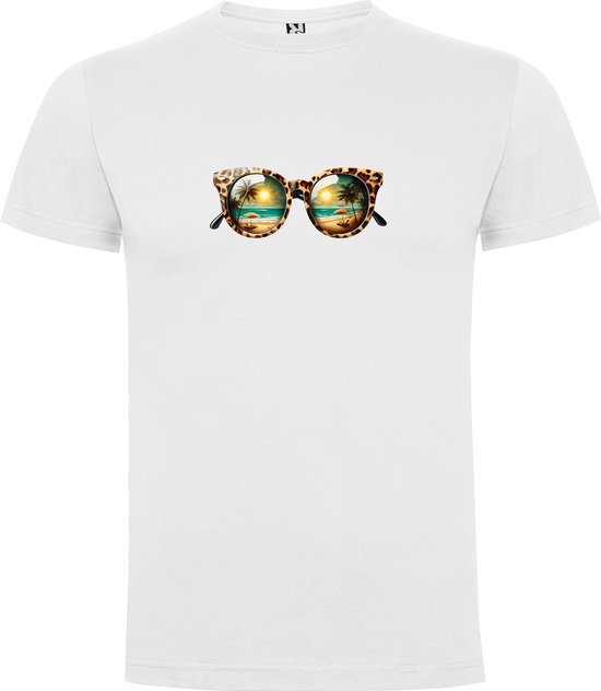 Wit T-Shirt met “Kleurrijke Tijgerprint Zonnebril met Strand en Palmen – Zomer – Chillen – Good Vibes – Vakantie “ Print Full Color Maat 5XL