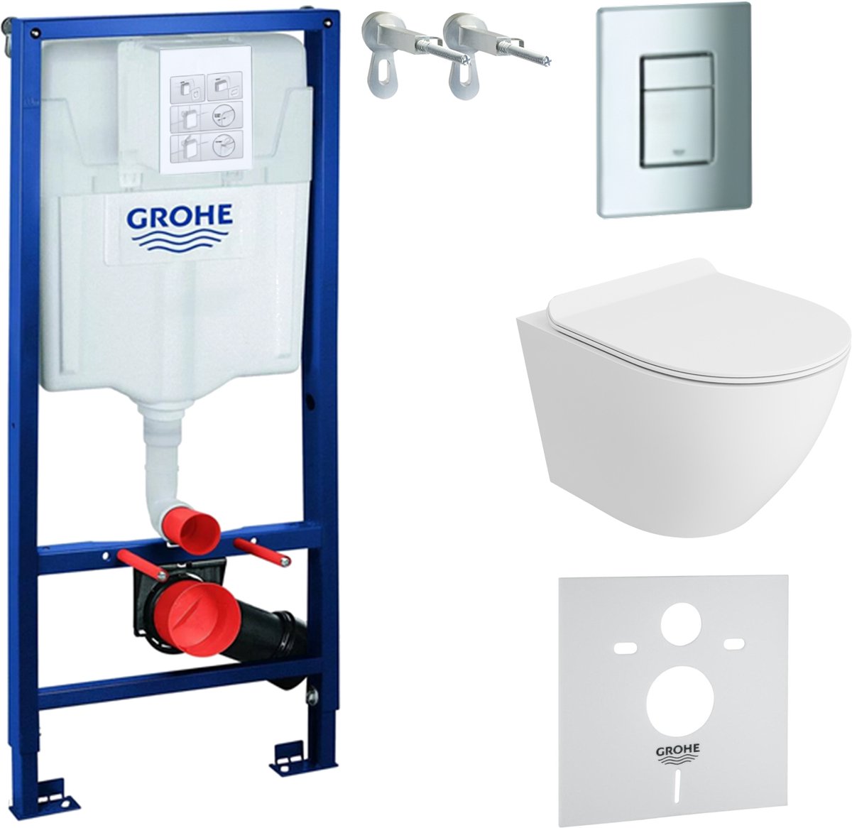 Inbouwreservoir Complete Toiletset Grohe Solido 39069000 - Inbouw WC Hangtoilet Wandcloset Sofi Slim White Mat - Bedieningsplaat EVEN 4in1 Chroom - Voorwandelement - Installatiesysteem