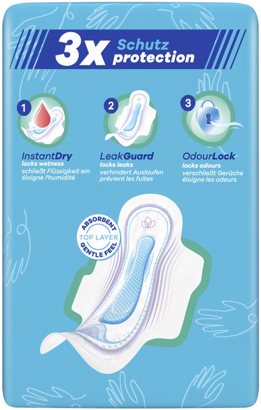 Serviette hygiénique blanche avec des accents bleus et violets, avec 3x protection : InstantDry, LeakGuard, OdourLock.